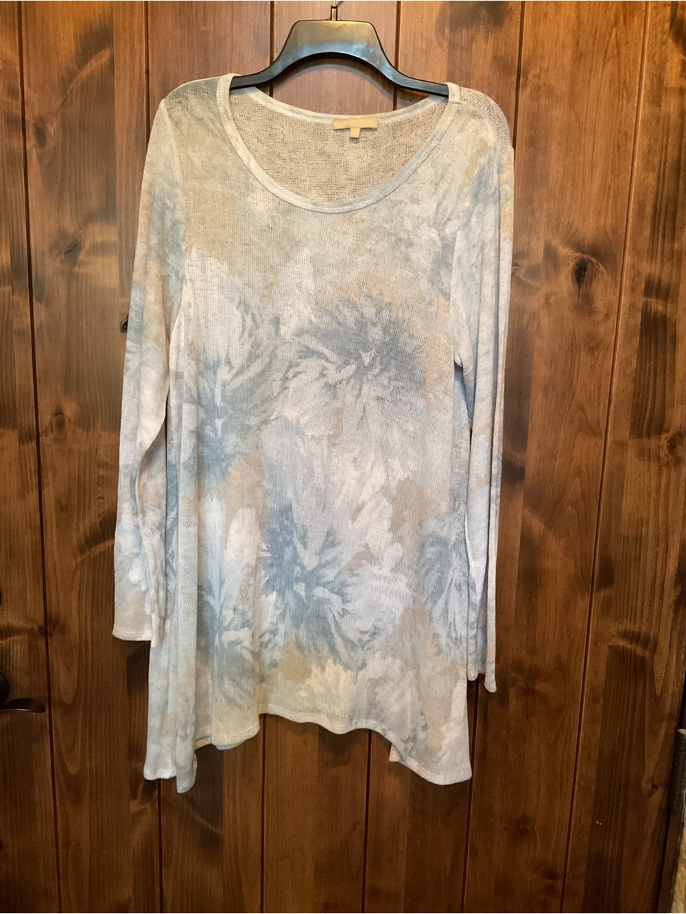 Joan Vass Blue and Cream Floral Long-Sleeve Tunic